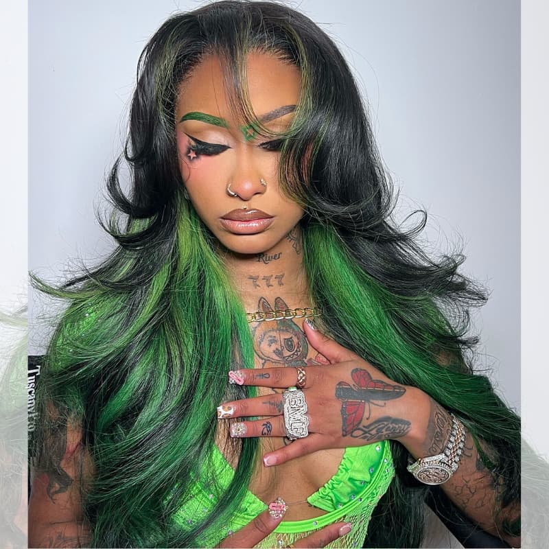 SZC Black With Emerald Green Highlights Face-Framing  Luxury Layered Blowout 13x4 Lace Front Human Hair Wigs