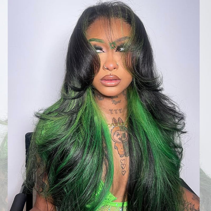 SZC Black With Emerald Green Highlights Face-Framing  Luxury Layered Blowout 13x4 Lace Front Human Hair Wigs