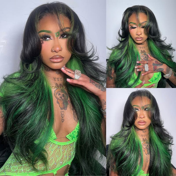 SZC Black With Emerald Green Highlights Face-Framing  Luxury Layered Blowout 13x4 Lace Front Human Hair Wigs