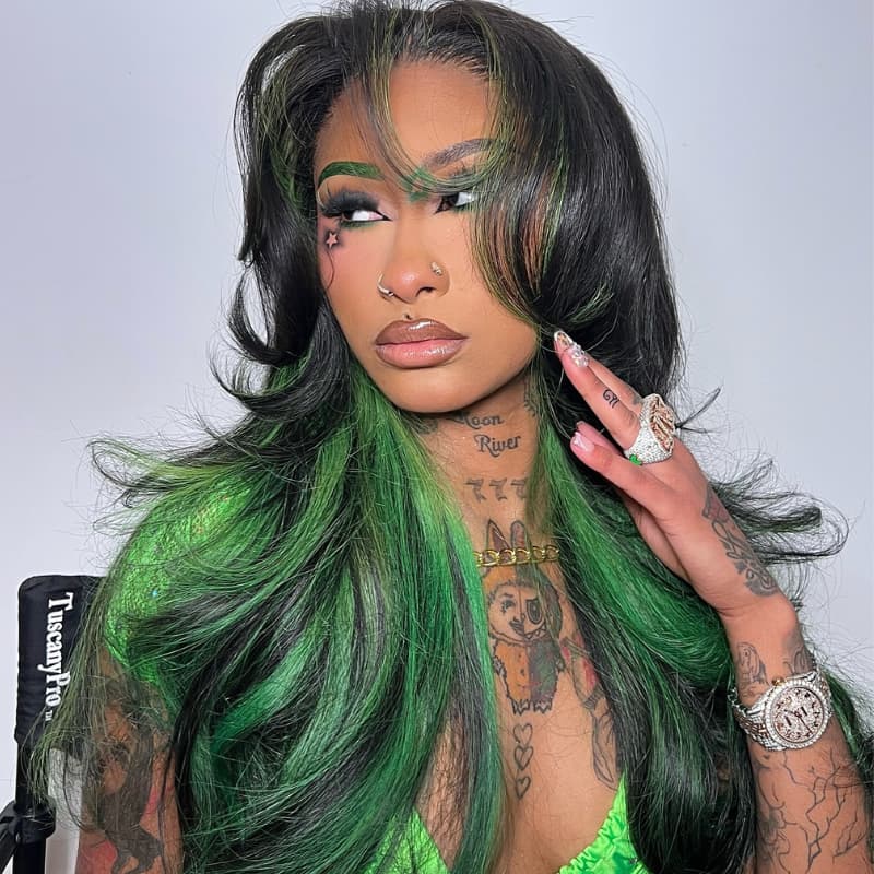 SZC Black With Emerald Green Highlights Face-Framing  Luxury Layered Blowout 13x4 Lace Front Human Hair Wigs