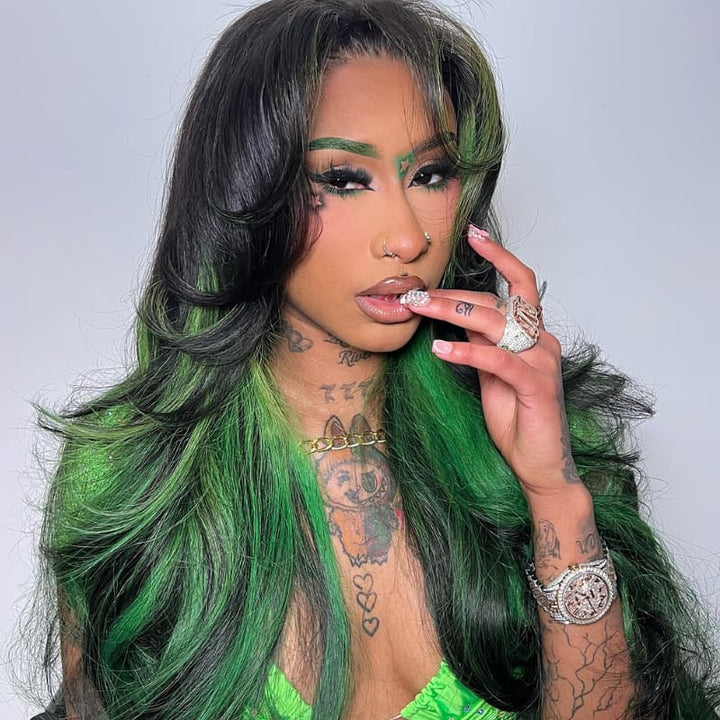 SZC Black With Emerald Green Highlights Face-Framing  Luxury Layered Blowout 13x4 Lace Front Human Hair Wigs