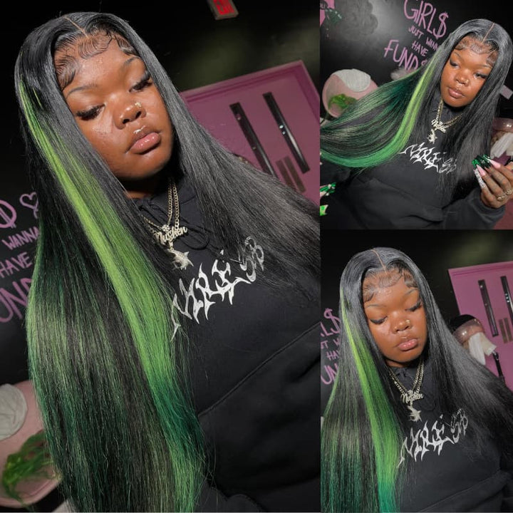 SZC Black With Green Highlight Streaks 13x4 Lace Front Virgin Human Hair Wigs