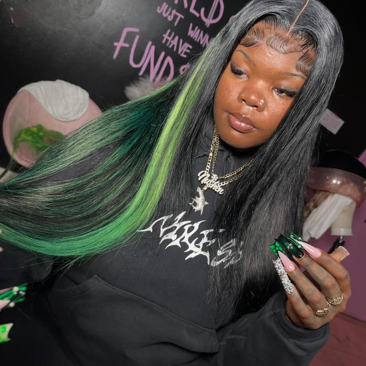 SZC Black With Green Highlight Streaks 13x4 Lace Front Virgin Human Hair Wigs
