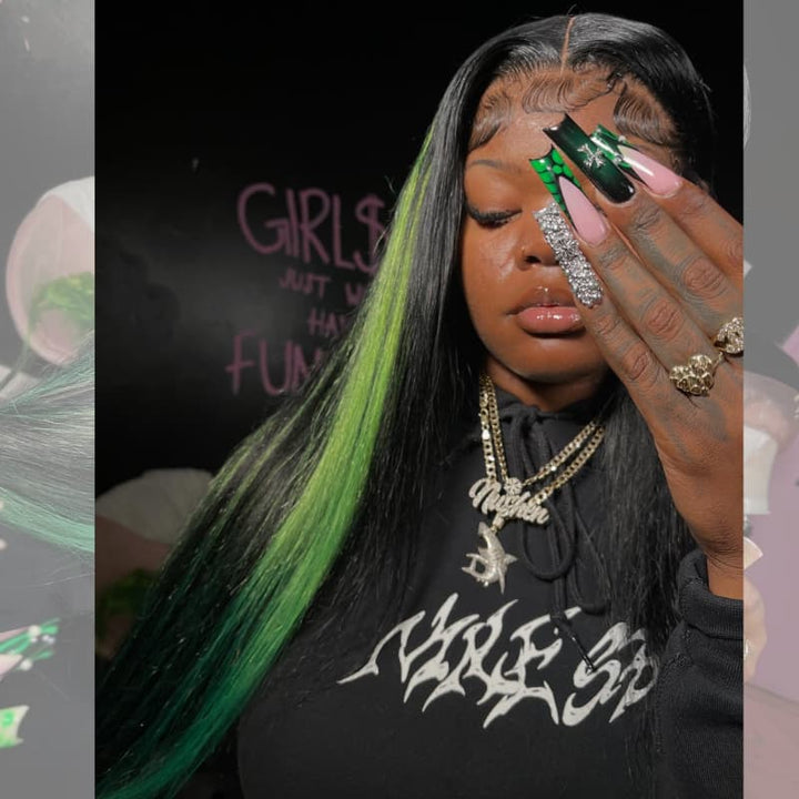 SZC Black With Green Highlight Streaks 13x4 Lace Front Virgin Human Hair Wigs