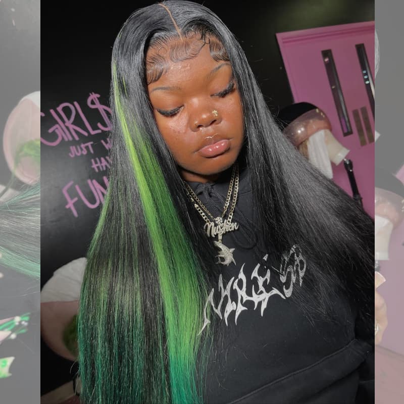 SZC Black With Green Highlight Streaks 13x4 Lace Front Virgin Human Hair Wigs
