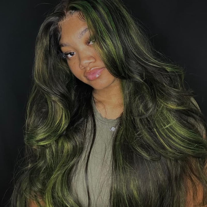 SZC Black With Green Highlights 13x4 Lace Front Virgin Human Hair Wig