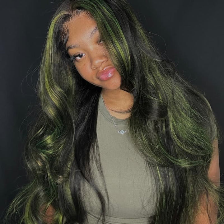 SZC Black With Green Highlights 13x4 Lace Front Virgin Human Hair Wig