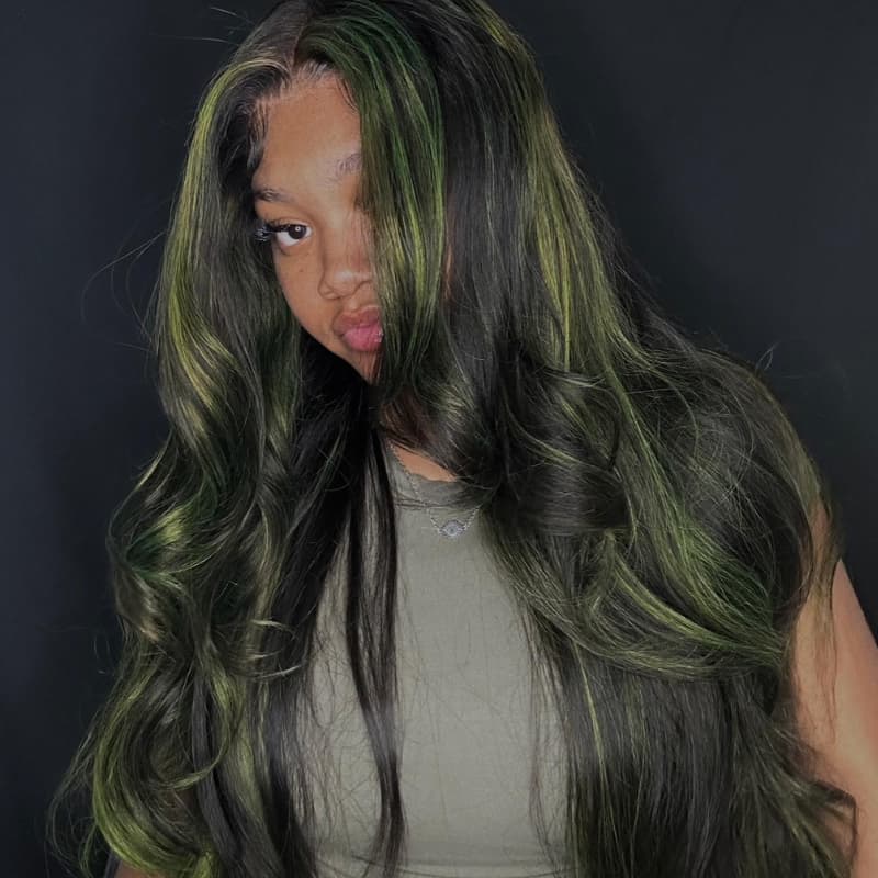 SZC Black With Green Highlights 13x4 Lace Front Virgin Human Hair Wig
