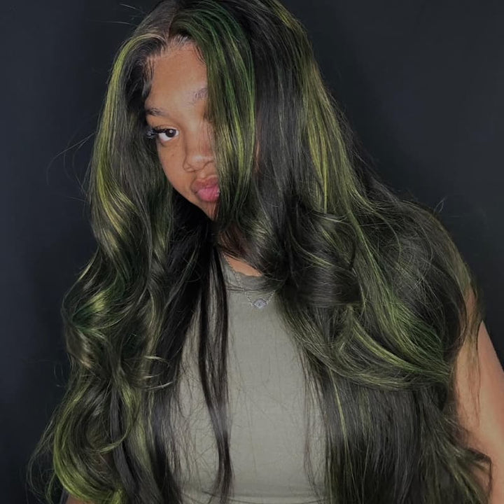 SZC Black With Green Highlights 13x4 Lace Front Virgin Human Hair Wig
