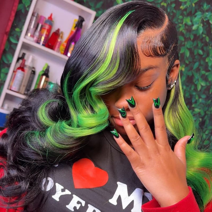 SZC Black With Green Highlights Streaks 13x4 Lace Front Virgin Human Hair Wigs