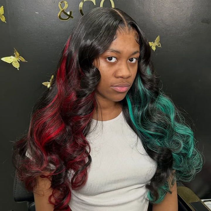 SZC Black With Half Red Half Pastel Green Highlights 13x4 Lace Front Remy Human Hair Wigs