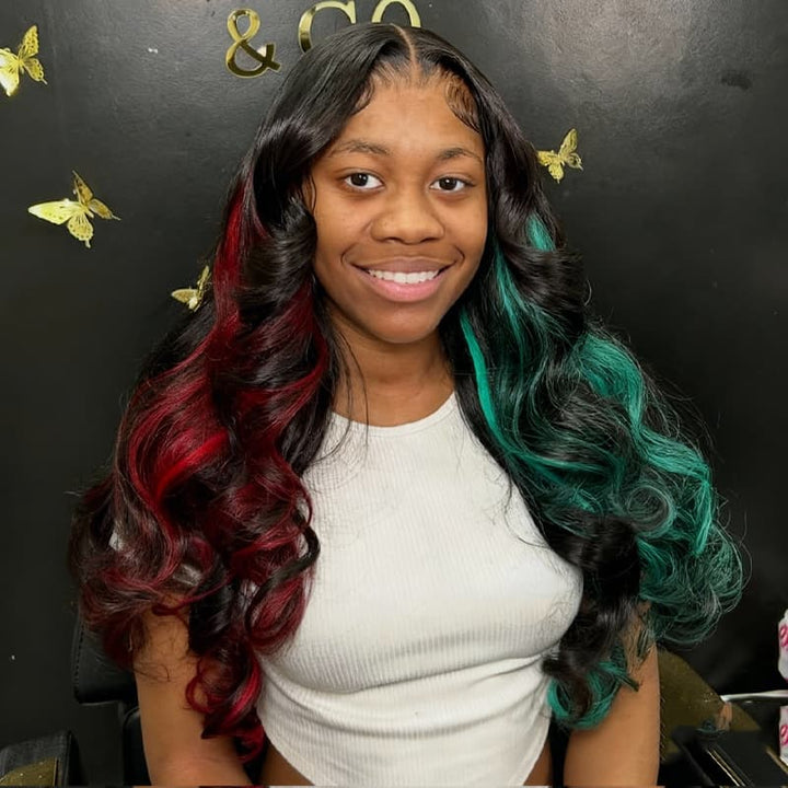 SZC Black With Half Red Half Pastel Green Highlights 13x4 Lace Front Remy Human Hair Wigs