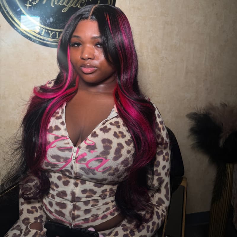 SZC Black With Hot Pink Highlights 13x4 Lace Front Virgin Human Hair Wigs 200 Density