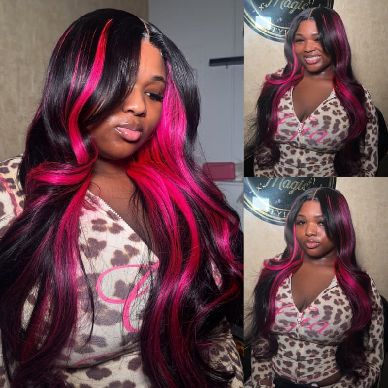 SZC Black With Hot Pink Highlights 13x4 Lace Front Virgin Human Hair Wigs 200 Density