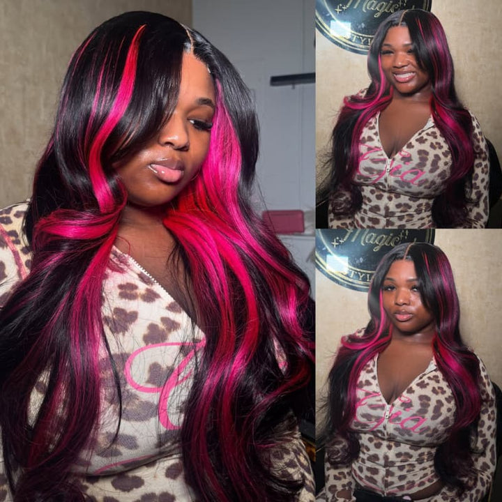 SZC Black With Hot Pink Highlights 13x4 Lace Front Virgin Human Hair Wigs 200 Density