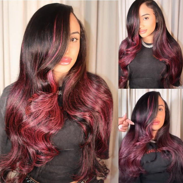 SZC Black With Hot Pink Highlights 13x4 Lace Front Virgin Human Hair Wigs