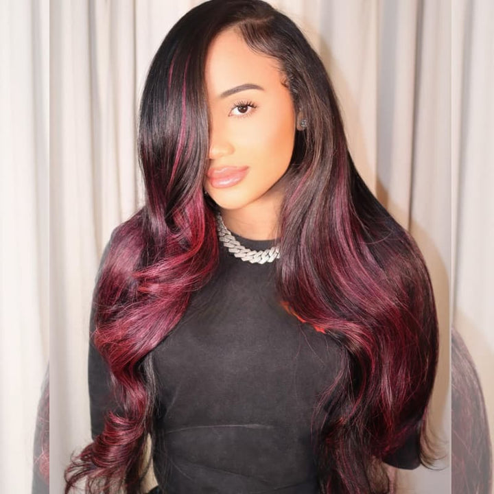 SZC Black With Hot Pink Highlights 13x4 Lace Front Virgin Human Hair Wigs