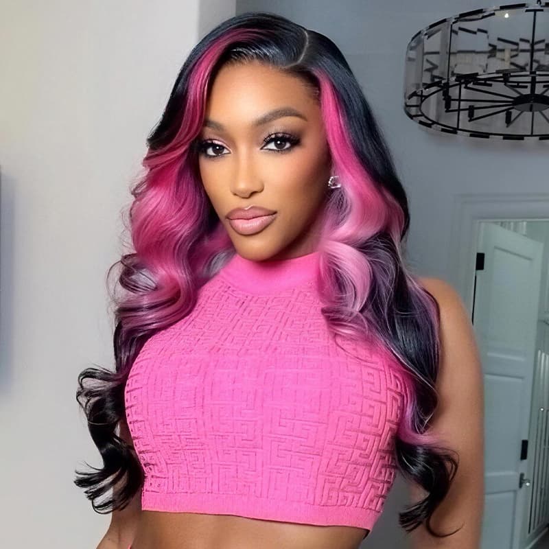 SZC Black With Hot Rose Pink Skunk Stripe Streaks 13x4 Lace Front Virgin Human Hair Wig