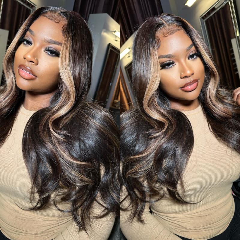 SZC Black With Light Brown Skunk Stripe 13x4 Lace Front Human Hair Wigs 200 Density