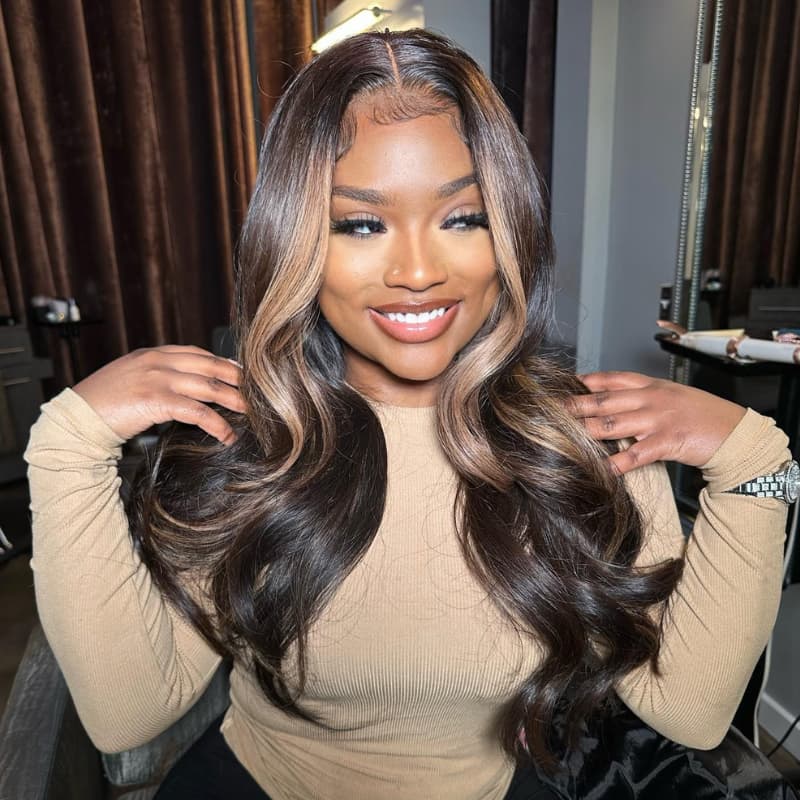 SZC Black With Light Brown Skunk Stripe 13x4 Lace Front Human Hair Wigs 200 Density