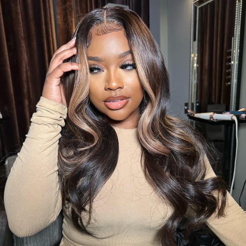 SZC Black With Light Brown Skunk Stripe 13x4 Lace Front Human Hair Wigs 200 Density