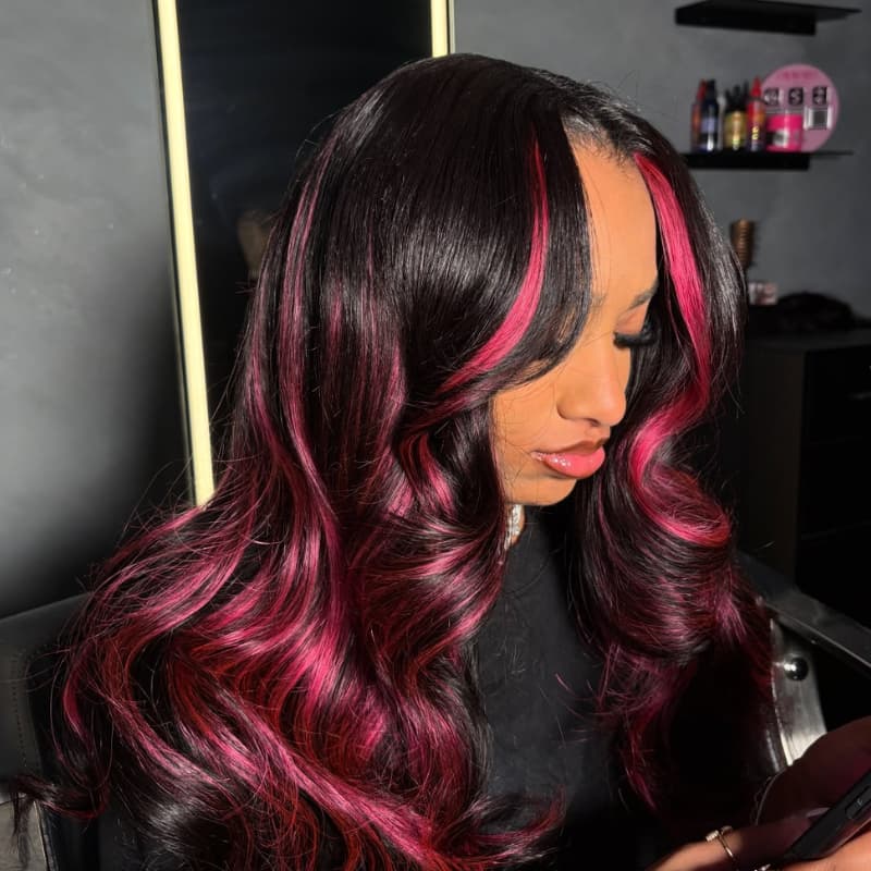 SZC Black With Magenta Hot Pink Highlights 13x4 Lace Front Human Hair Wig