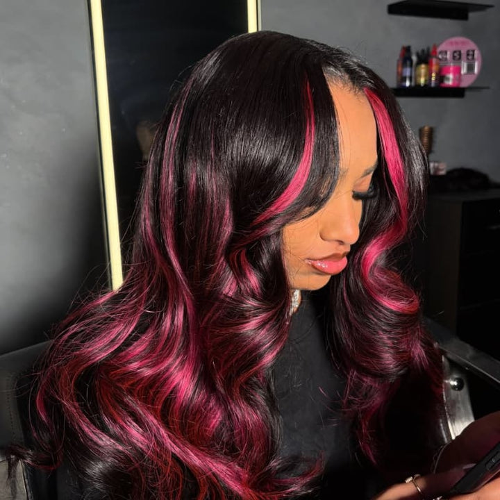 SZC Black With Magenta Hot Pink Highlights 13x4 Lace Front Human Hair Wig