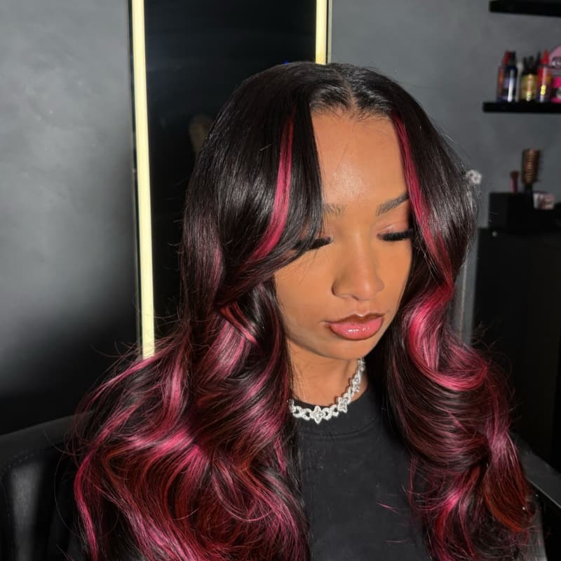SZC Black With Magenta Hot Pink Highlights 13x4 Lace Front Human Hair Wig