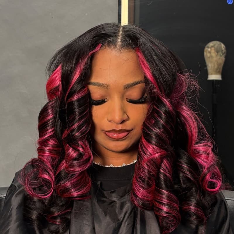 SZC Black With Magenta Hot Pink Highlights 13x4 Lace Front Human Hair Wig