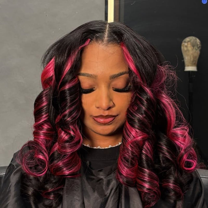 SZC Black With Magenta Hot Pink Highlights 13x4 Lace Front Human Hair Wig
