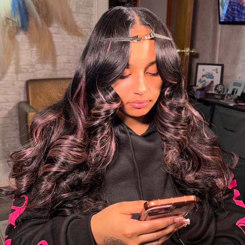 SZC Black With Pastel Pink Highlights 13x4 Lace Front Virgin Human Hair Wigs