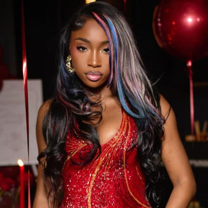 SZC Black With Pink Blue Purple Highlights 13x4 Lace Front Human Hair Wigs