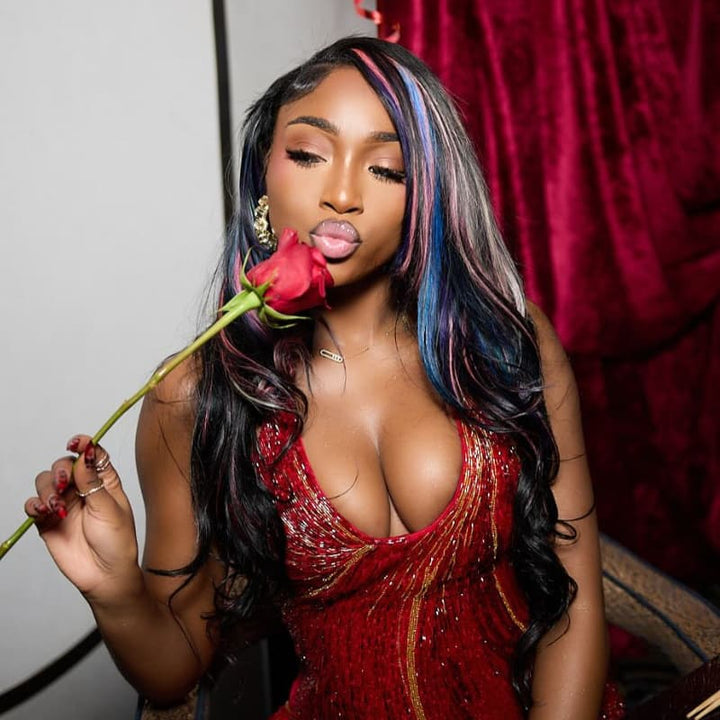 SZC Black With Pink Blue Purple Highlights 13x4 Lace Front Human Hair Wigs