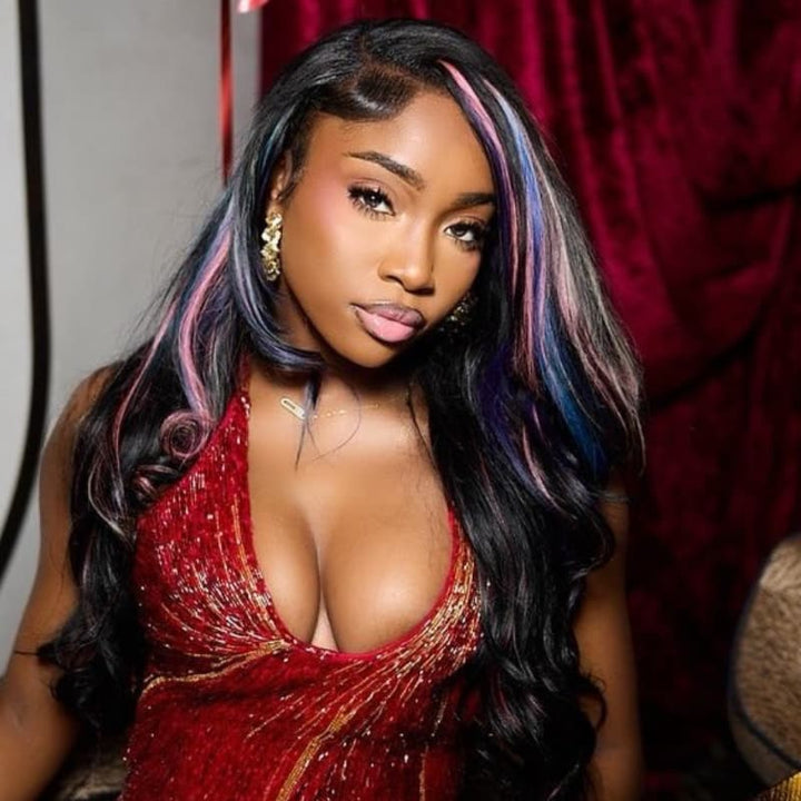 SZC Black With Pink Blue Purple Highlights 13x4 Lace Front Human Hair Wigs