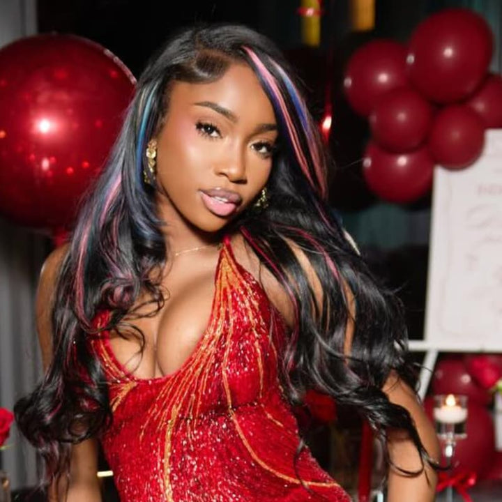 SZC Black With Pink Blue Purple Highlights 13x4 Lace Front Human Hair Wigs