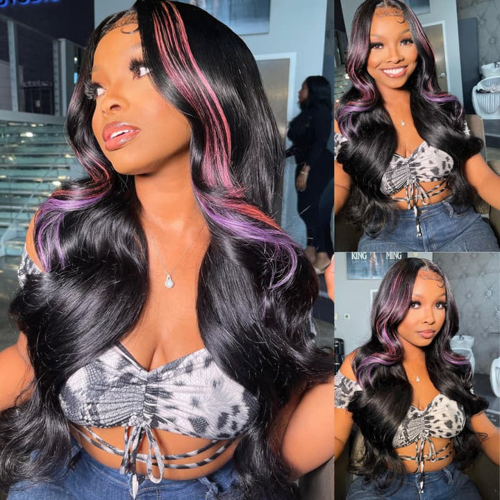 SZC Black With Pink Purple Highlights 13x4 Lace Front Human Hair Wigs 200 Density