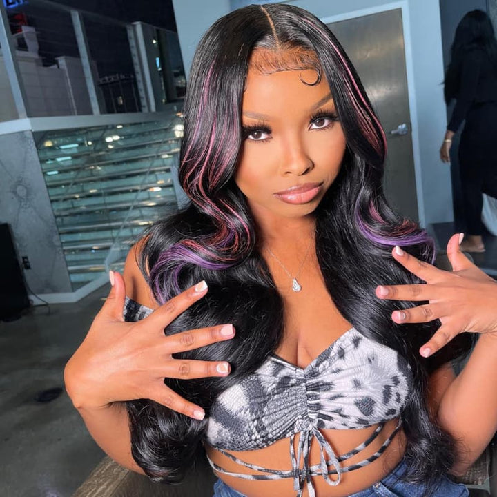 SZC Black With Pink Purple Highlights 13x4 Lace Front Human Hair Wigs 200 Density