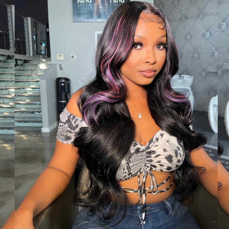 SZC Black With Pink Purple Highlights 13x4 Lace Front Human Hair Wigs 200 Density