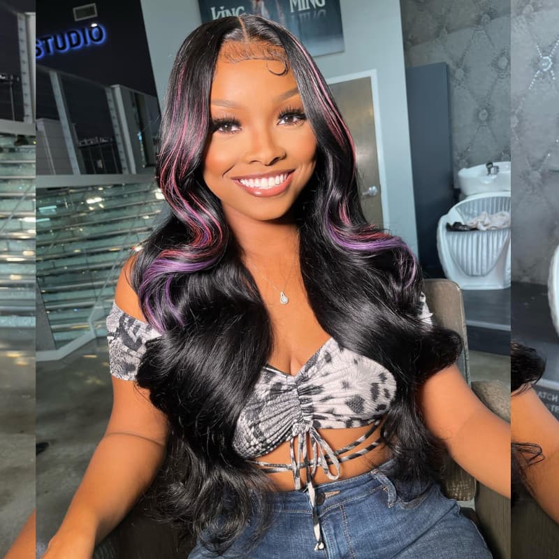 SZC Black With Pink Purple Highlights 13x4 Lace Front Human Hair Wigs 200 Density