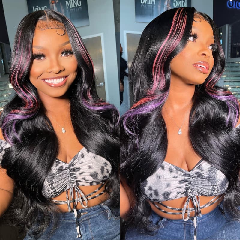 SZC Black With Pink Purple Highlights 13x4 Lace Front Human Hair Wigs 200 Density