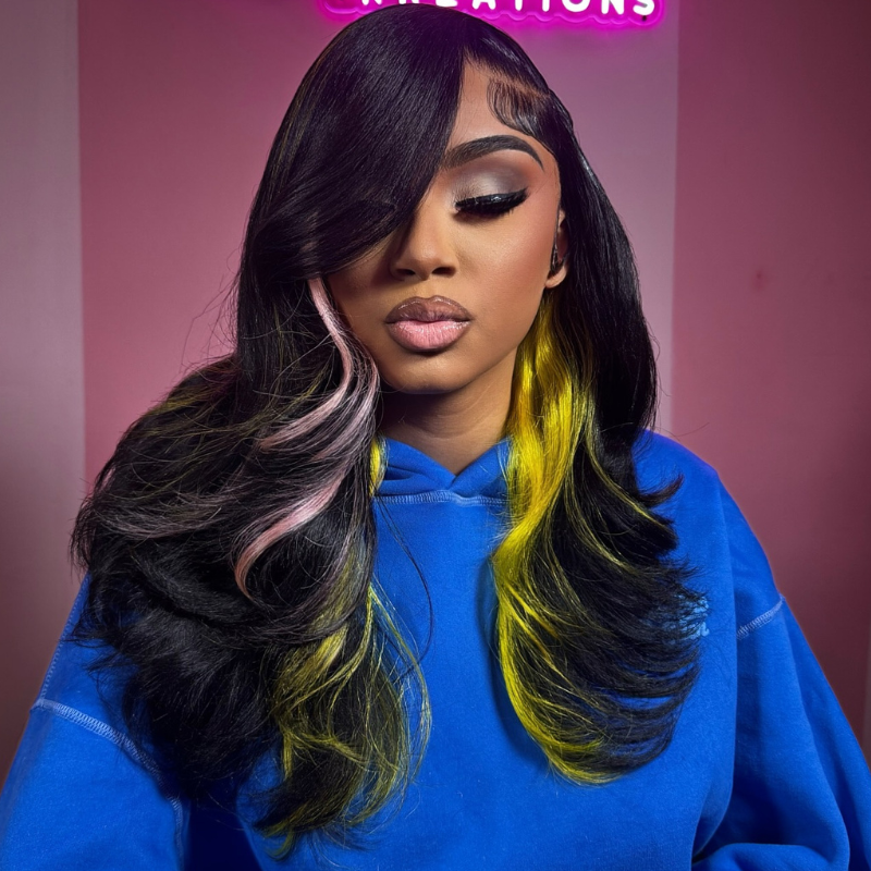 SZC Black With Pink Yellow Highlights 13x4 Lace Front Virgin Human Hair Wigs