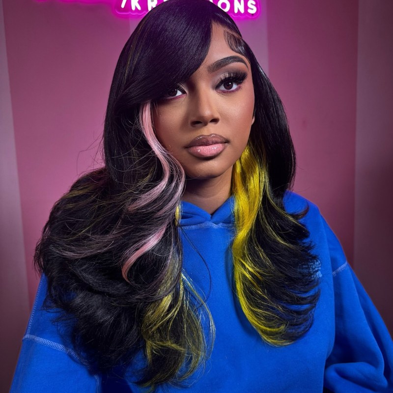 SZC Black With Pink Yellow Highlights 13x4 Lace Front Virgin Human Hair Wigs