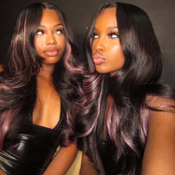 SZC Black With Purple Highlights 13x4 Lace Front Human Hair Wig 200 Density