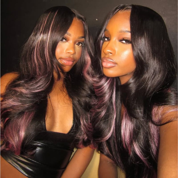 SZC Black With Purple Highlights 13x4 Lace Front Human Hair Wig 200 Density