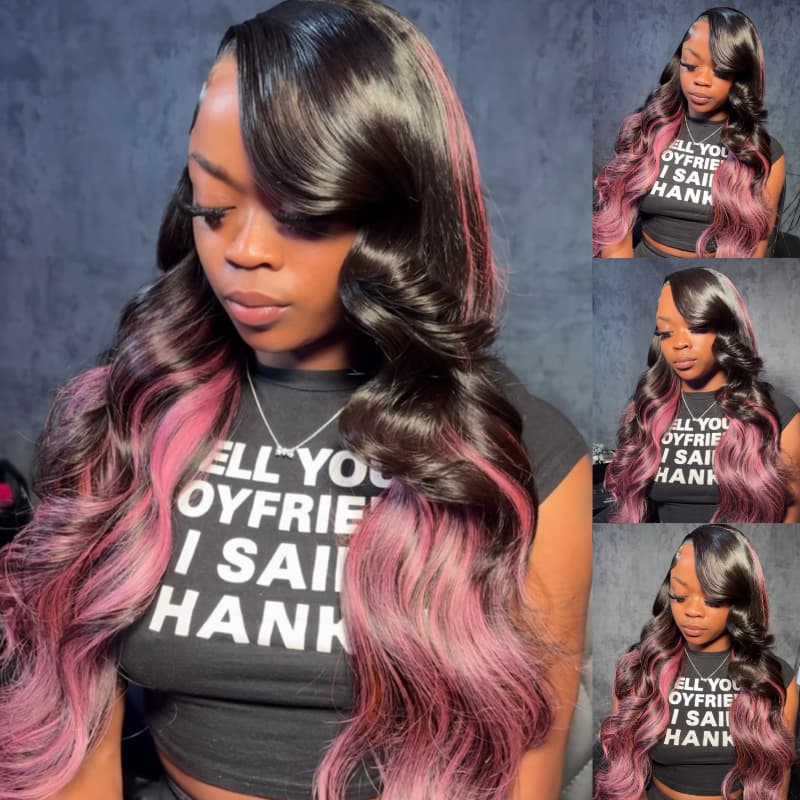 SZC Black With Purple Pink Highlights 13x4 Lace Front Human Hair Wig