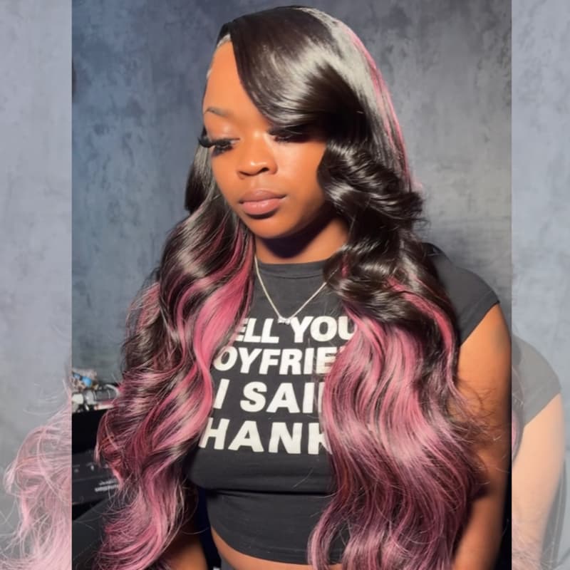 SZC Black With Purple Pink Highlights 13x4 Lace Front Human Hair Wig