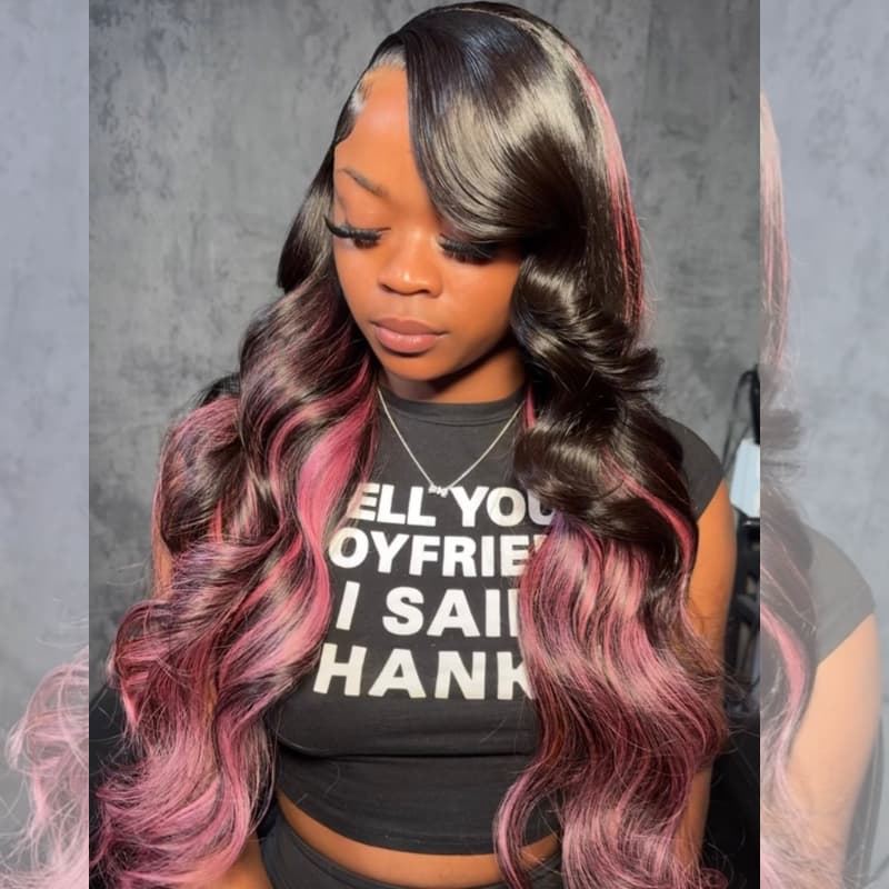SZC Black With Purple Pink Highlights 13x4 Lace Front Human Hair Wig