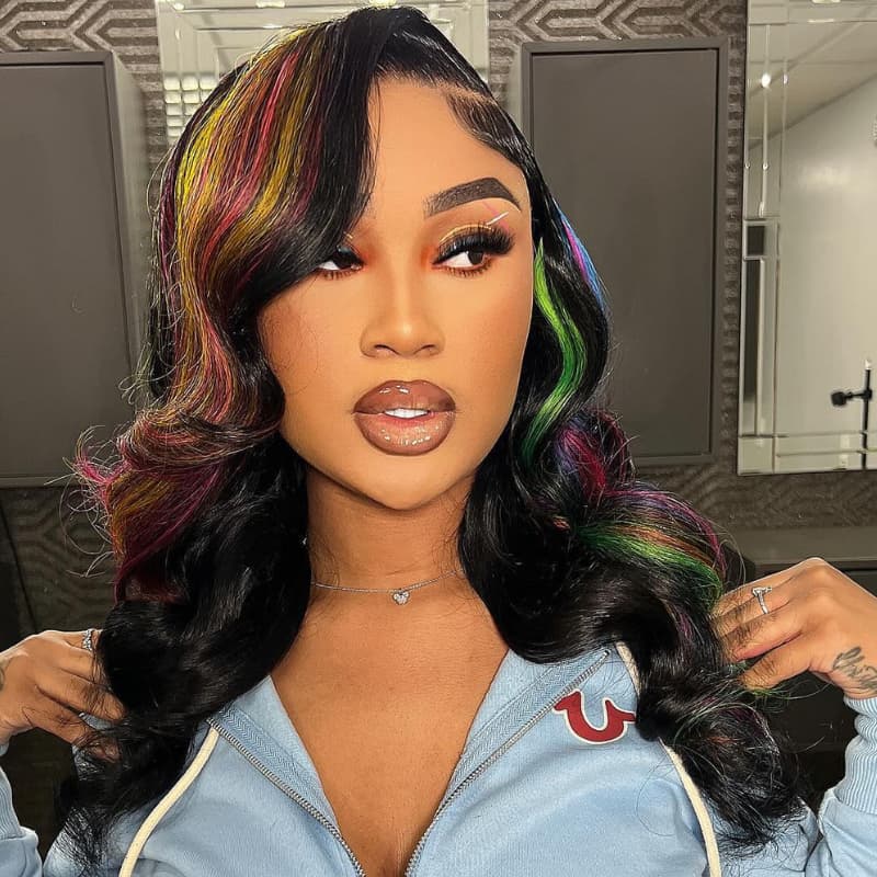 SZC Black With Red Yellow Green Blue Highlights 13x4 Lace Front Human Hair Wigs