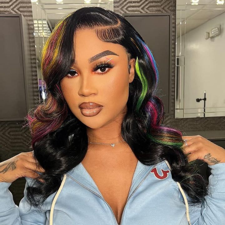 SZC Black With Red Yellow Green Blue Highlights 13x4 Lace Front Human Hair Wigs