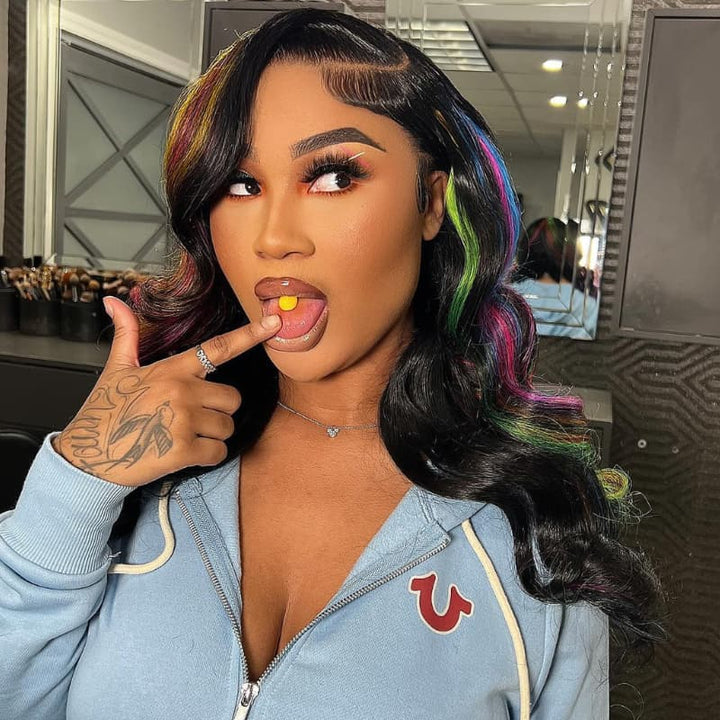 SZC Black With Red Yellow Green Blue Highlights 13x4 Lace Front Human Hair Wigs